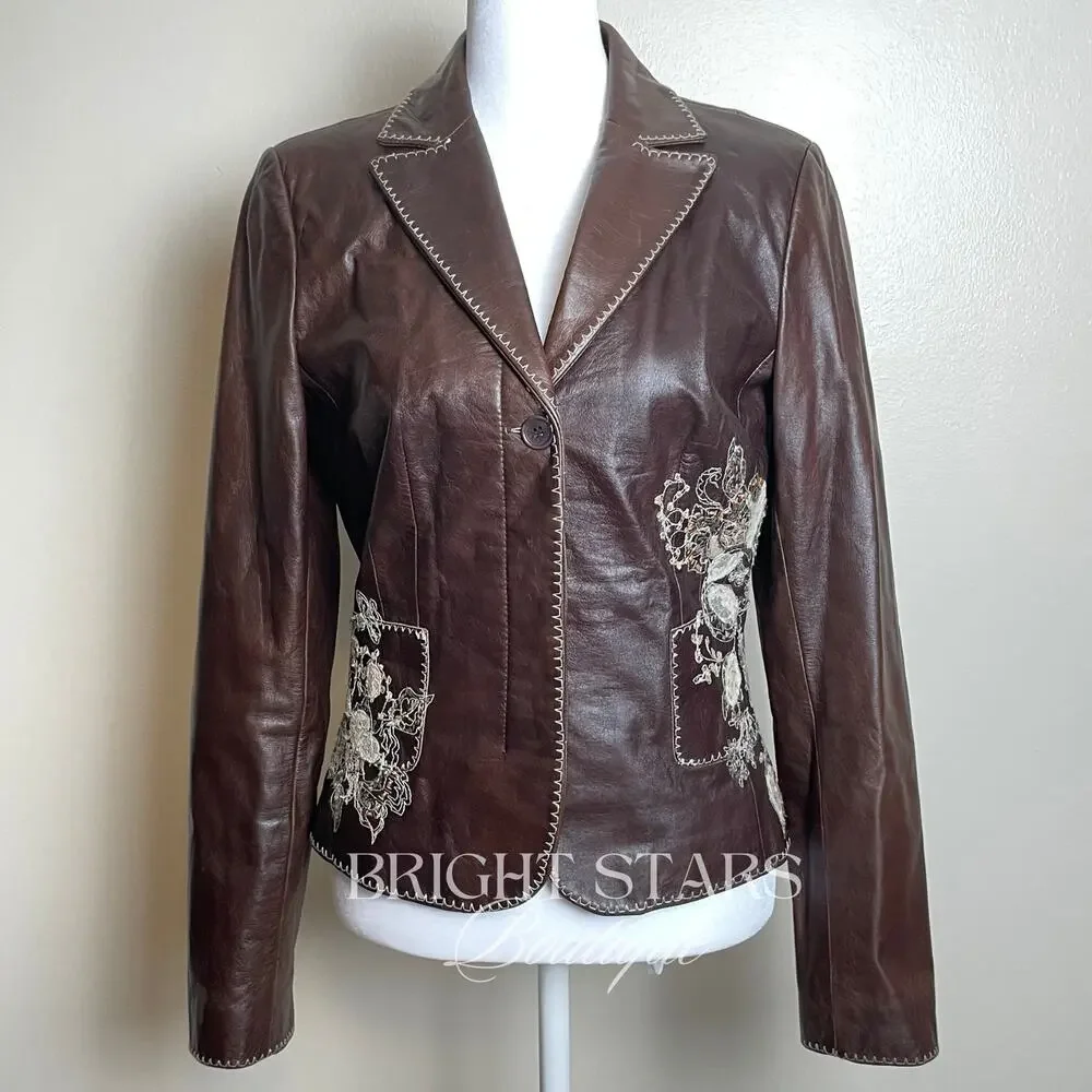 Rare Embroidered Leather Blazer Jacket ASO Lorelai Gilmore Phoebe Buffay Friends - Picture 5 of 11